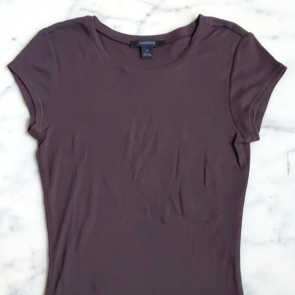 NWOT. Express Pima Cotton/Modal Brown Stretchable Short Sleeve Long Tee. - Picture 2 of 4